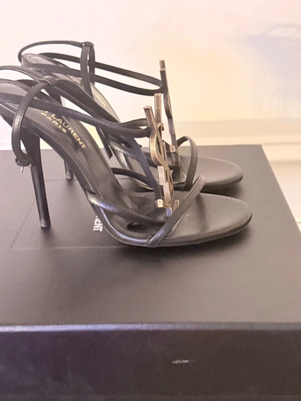 Saint Laurent Black Strappy Heeled Sandals with Gold YSL Emblem - Picture 4 of 5
